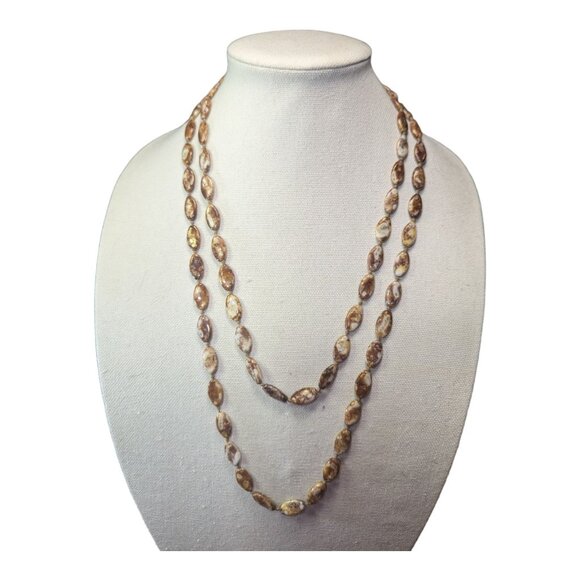 Vintage Earthy Brown & Cream Agate Beaded Necklace 54" Strand Barrell Clasp - Picture 1 of 7